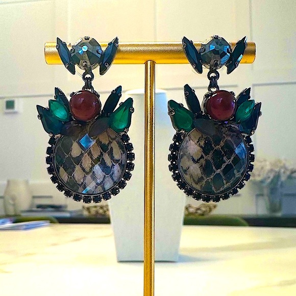 VICKY SARGE Maroon, Green, and Grey Gem and Snakeskin Earrings - Picture 10 of 11
